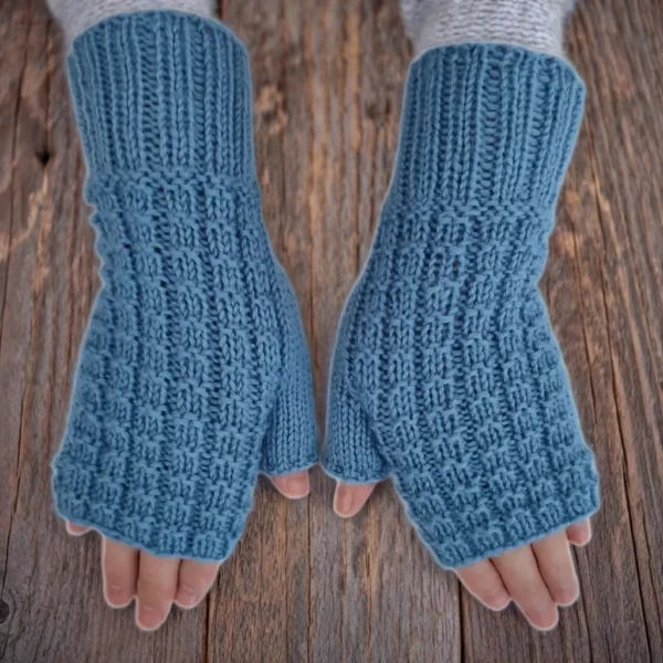 Hand Knit Women Fingerless Wool Gloves Denim Blue Hand Knit Women Fingerless Wool Gloves Denim Blue