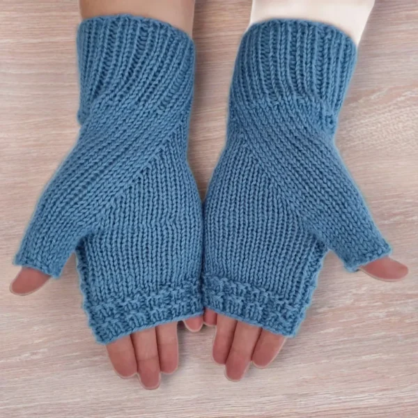 Hand Knit Women Fingerless Wool Gloves Denim Blue2 Hand Knit Women Fingerless Wool Gloves Denim Blue